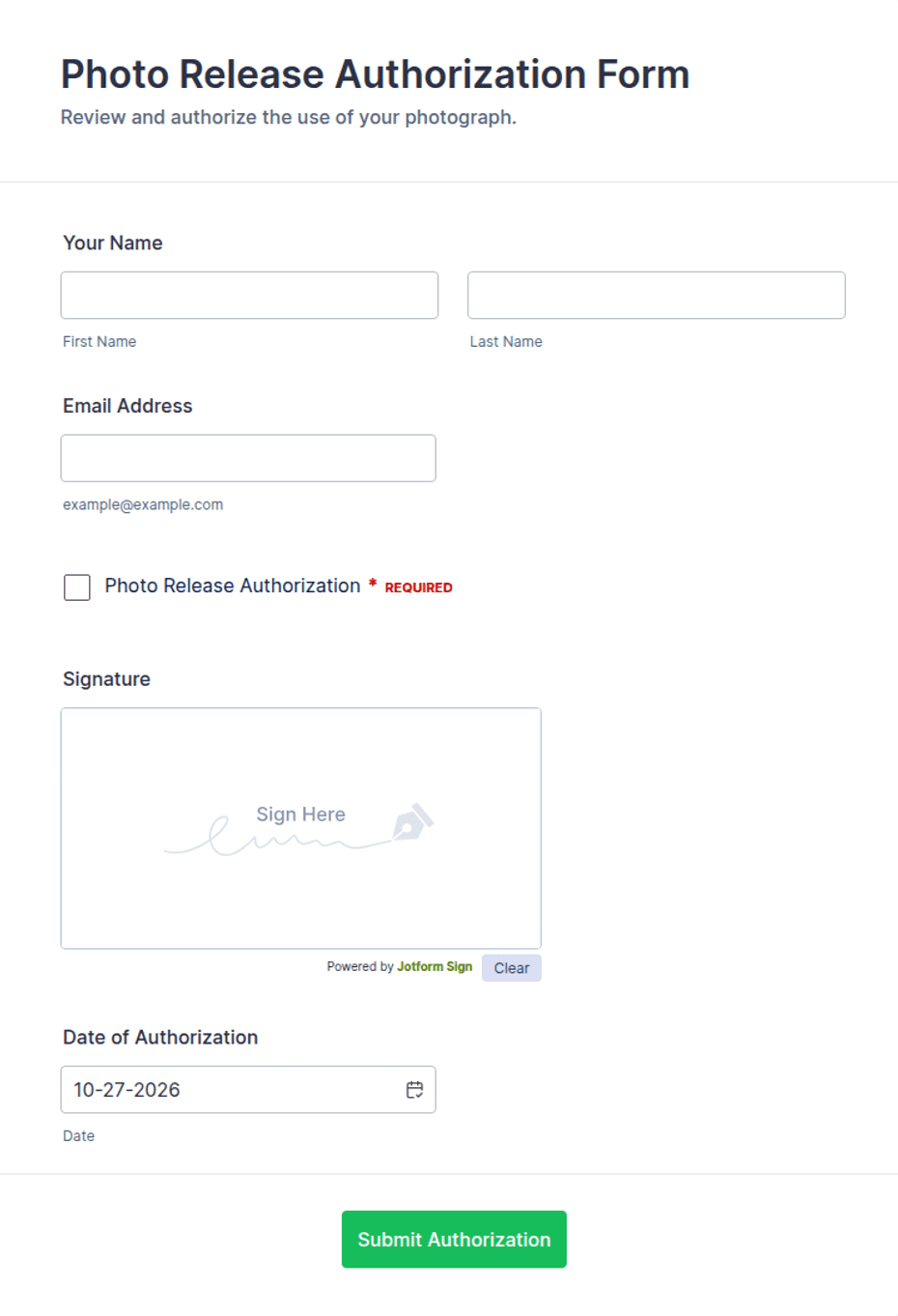 Photo Release Authorization Form Template | Jotform