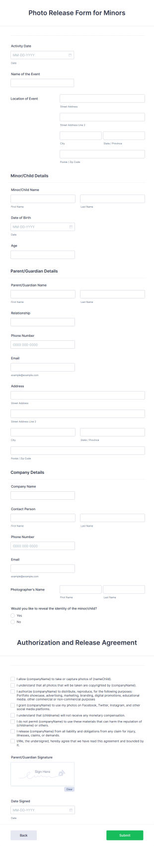 Photo Release Form For Minors Form Template