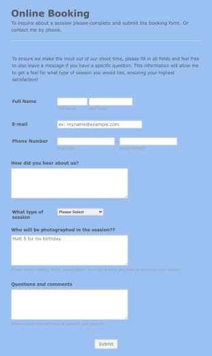 Photo Session Booking Form Template