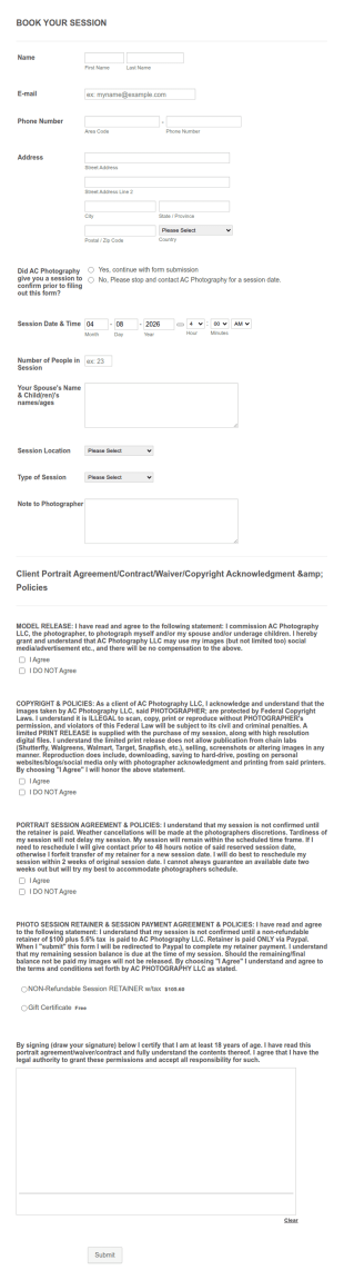 Photography Session Booking Form Template