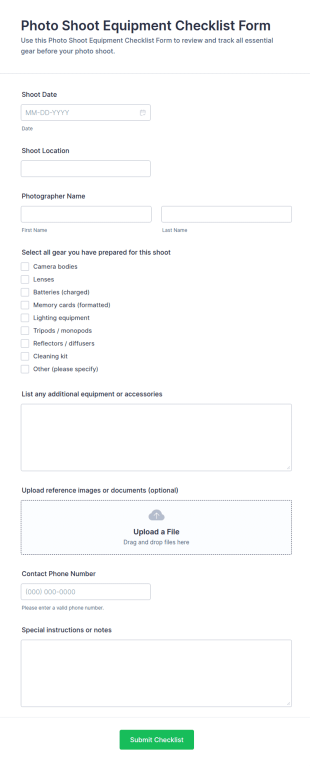 Photo Shoot Equipment Checklist Form Template
