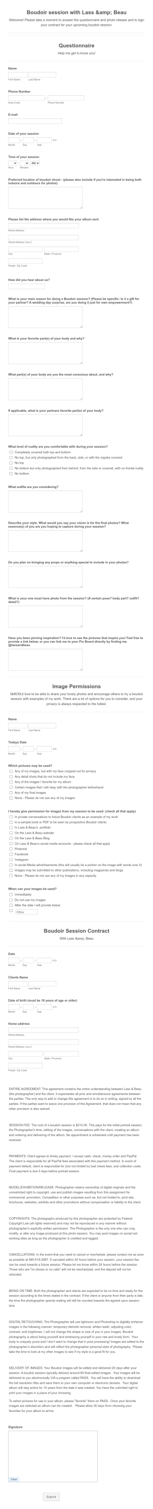 Photo Shoot Session Questionnaire And Release Form Template