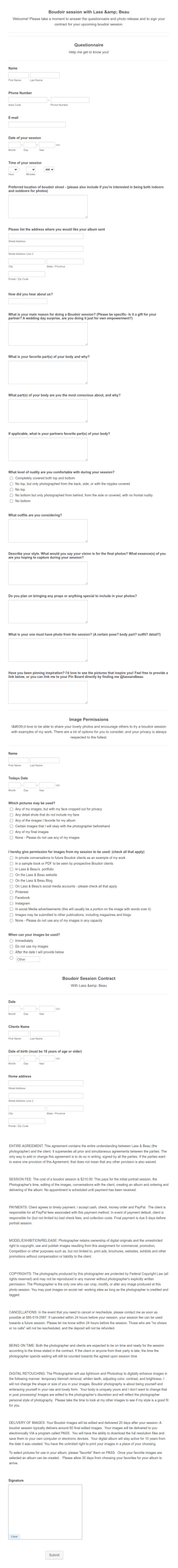 Photo Shoot Session Questionnaire And Release Form Template