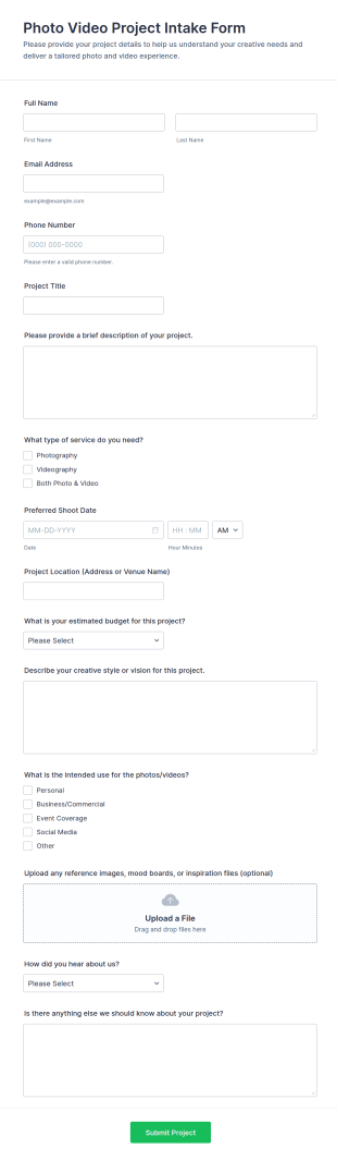 Photo Video Project Intake Form Template