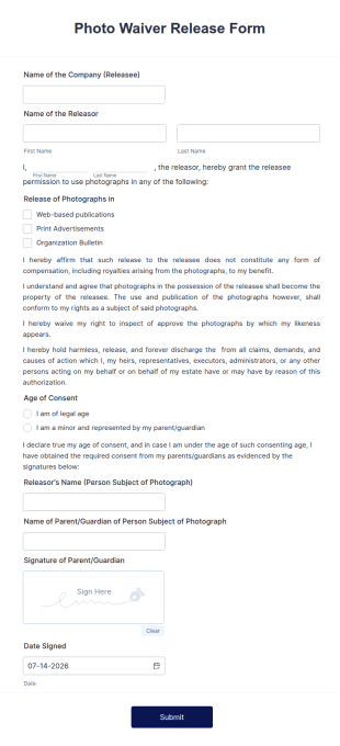 Photo Waiver Release Form Template