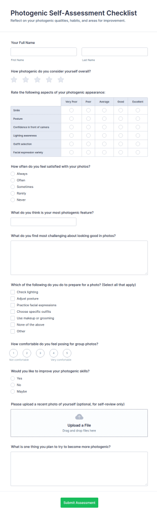 Photogenic Self Assessment Checklist Form Template