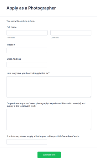 Photographer Application Form Template