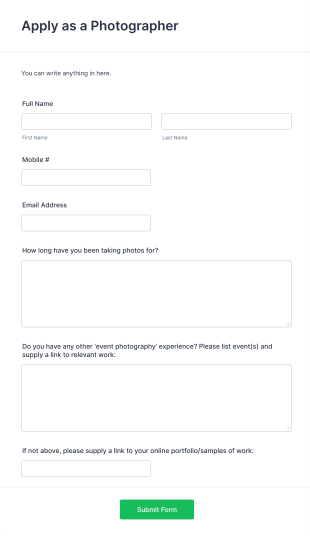 Photographer Application Form Template