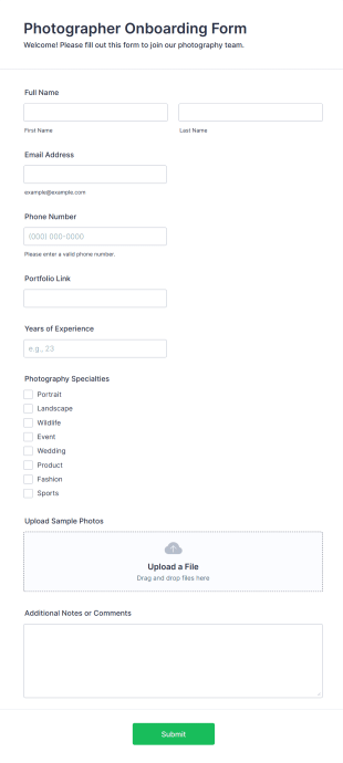 Photographer Onboarding Form Form Template