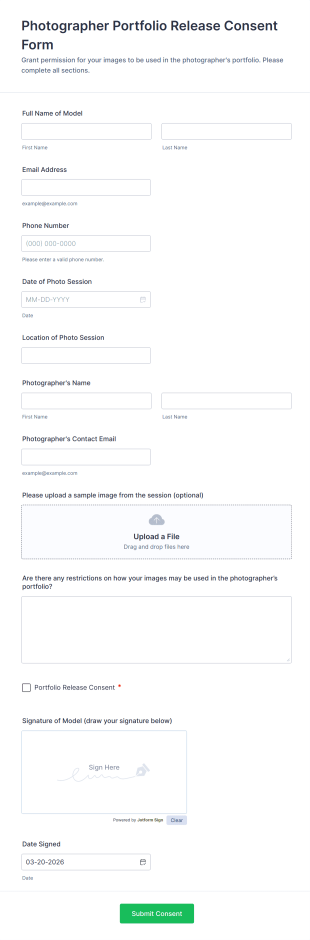 Photographer Portfolio Release Consent Form Template