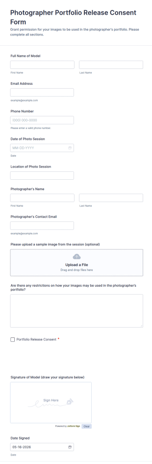 Photographer Portfolio Release Consent Form Template