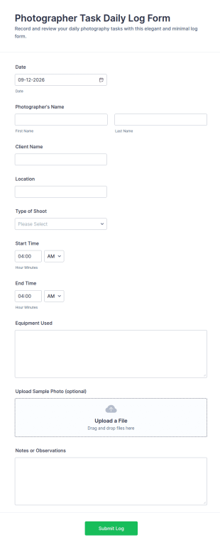 Photographer Task Daily Log Form Template
