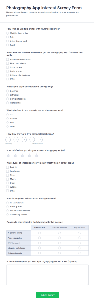 Photography App Interest Survey Form Template