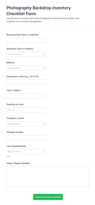 Photography Backdrop Inventory Checklist Form Template