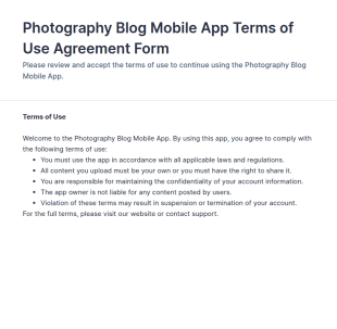 Photography Blog Mobile App Terms Of Use Agreement Form Template