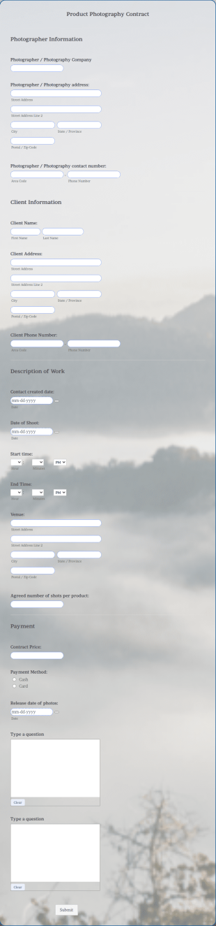 Photography Booking Form Template