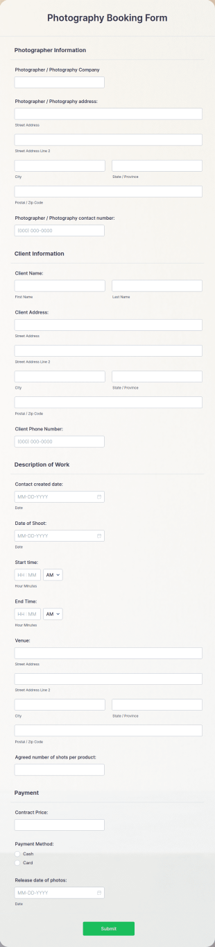 Photography Booking Form Template