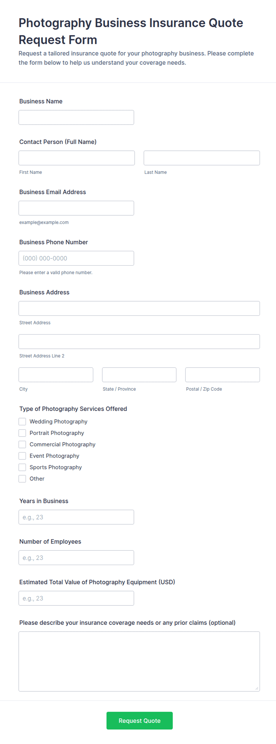 Photography Business Insurance Quote Request Form Template | Jotform