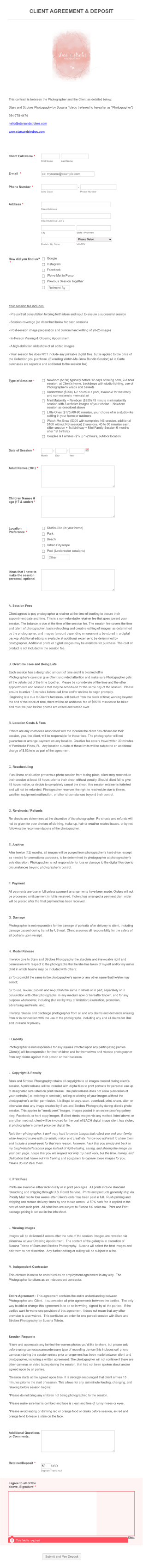 Photography Client Agreement Form (With Deposit)