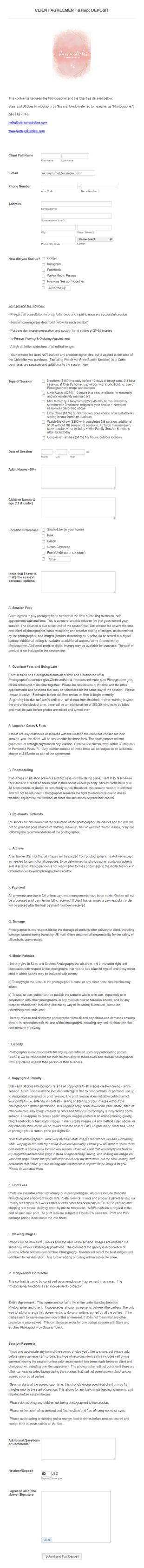 Photography Client Agreement Form (With Deposit)