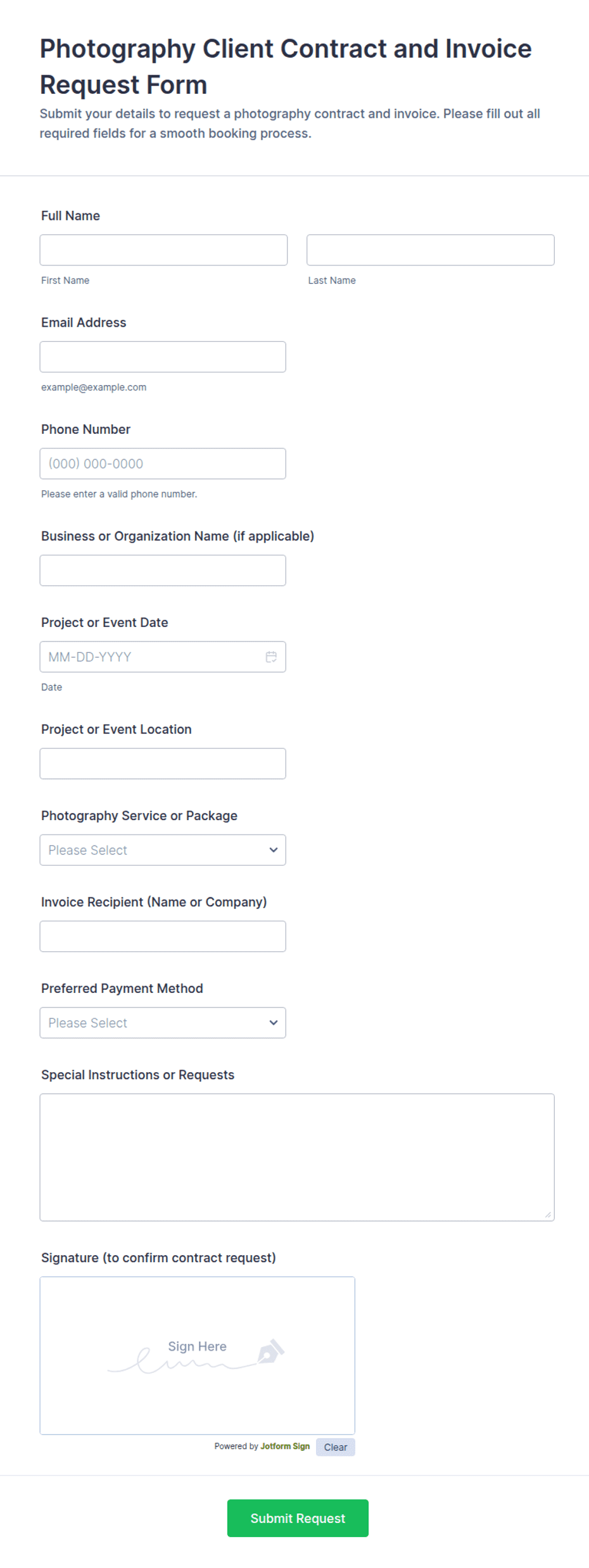 Photography Client Contract and Invoice Request Form Template | Jotform