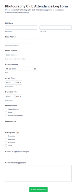 Photography Club Attendance Log Form Template