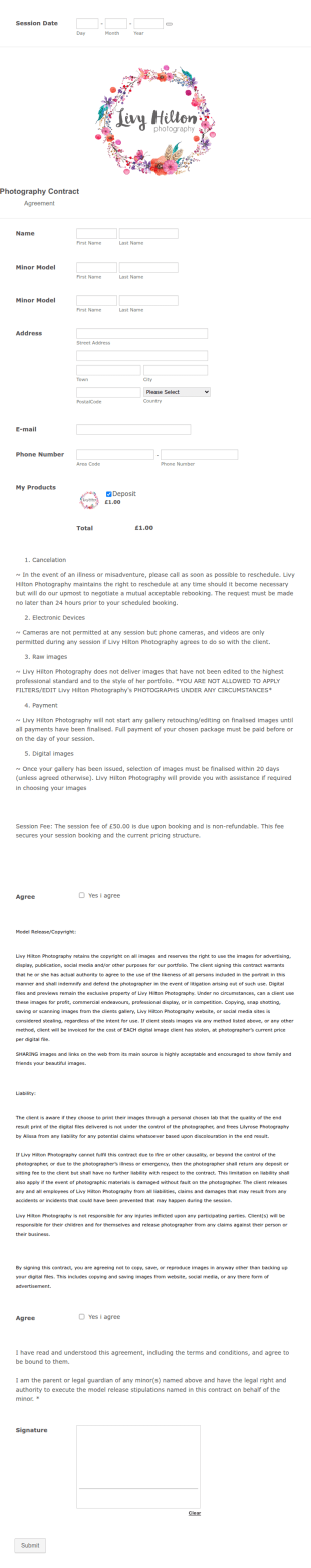 Sample Photography Contract Form Template