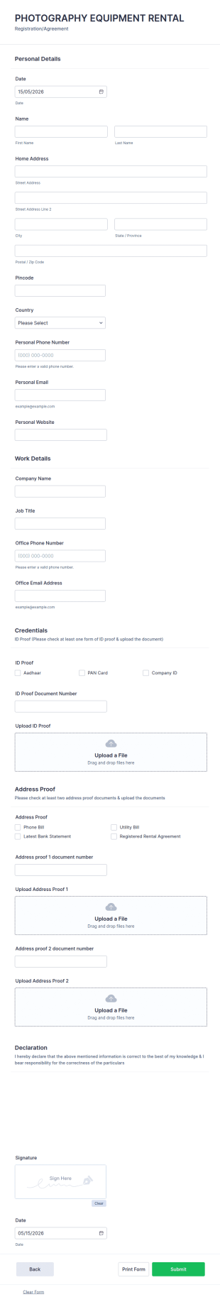 Photography Equipment Rental Registration Form Template