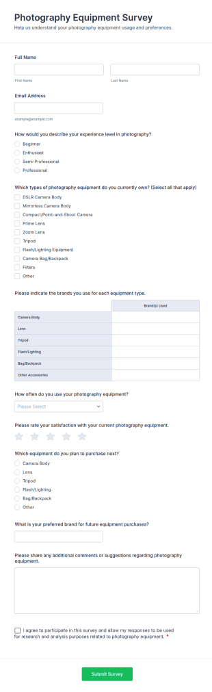 Photography Equipment Survey Form Template