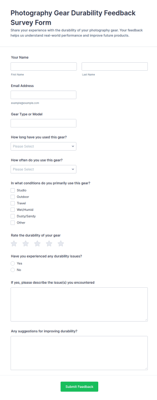 Photography Gear Durability Feedback Survey Form Template