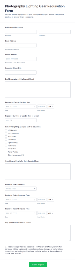 Photography Lighting Gear Requisition Form Template