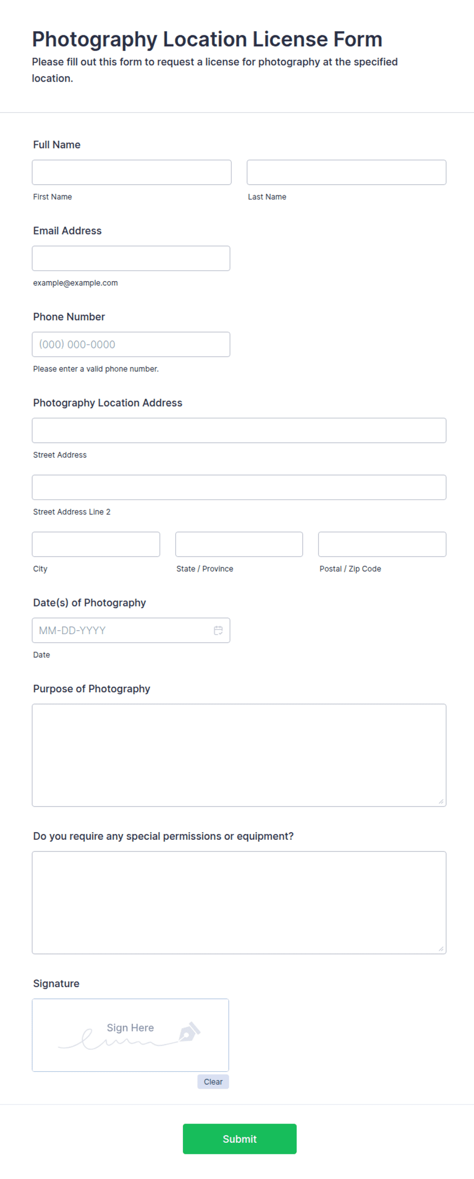 Photography Location License Form Template | Jotform