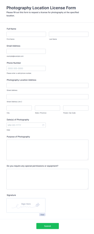 Photography Location License Form Form Template