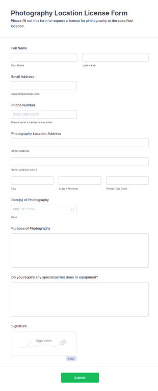 Photography Location License Form Template