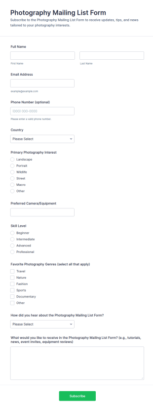 Photography Mailing List Form Template
