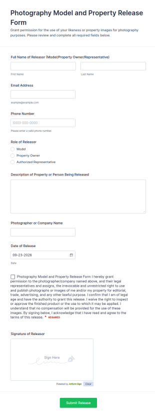 Photography Model And Property Release Form Template