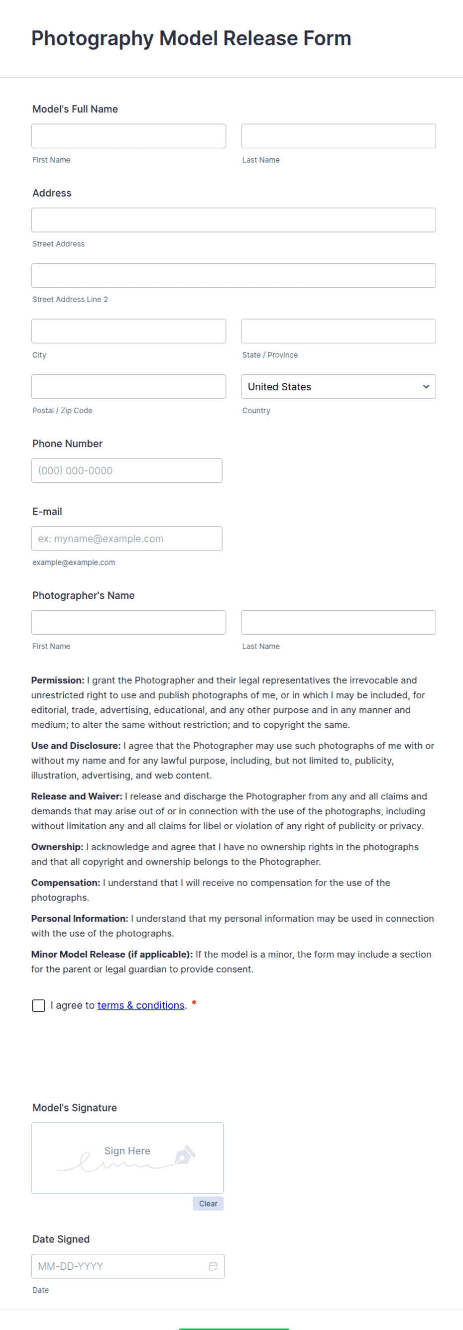 Photography Model Release Form Template | Jotform