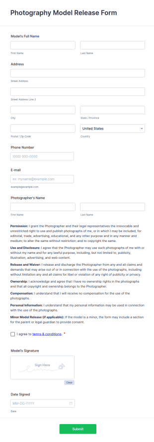 Photography Model Release Form Template