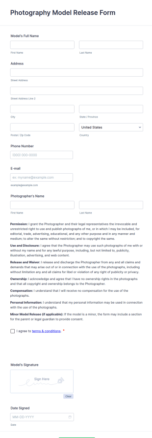 Photography Model Release Form Template
