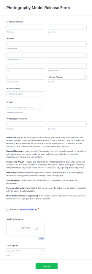 Photography Model Release Form Template
