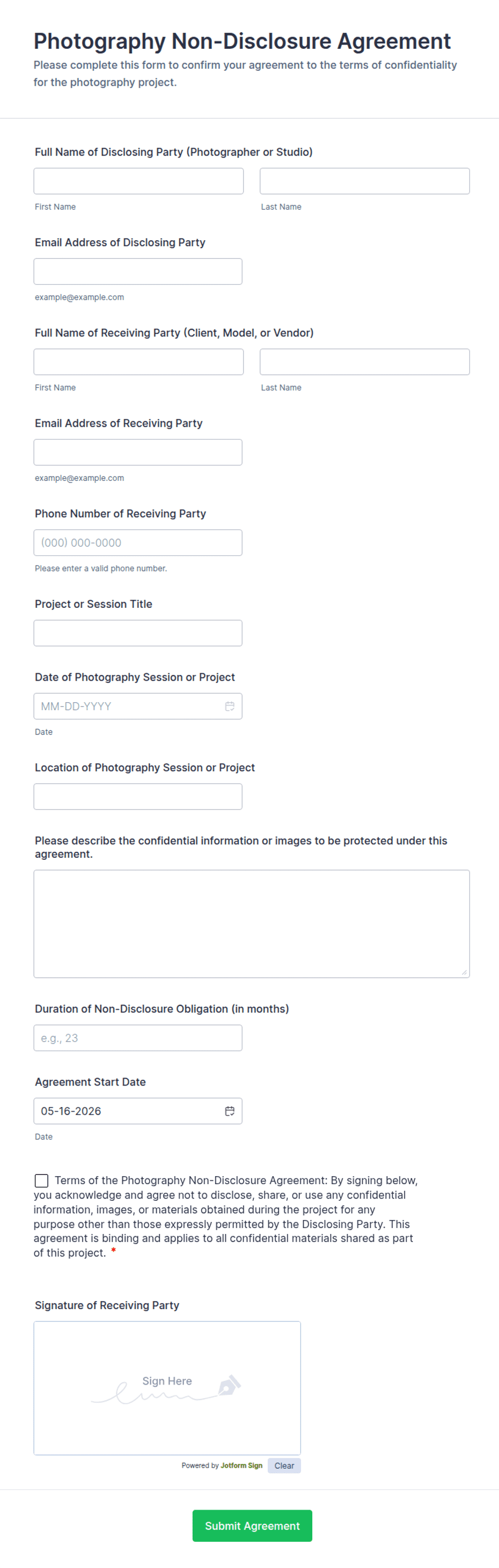 Photography Non-Disclosure Agreement Form Template | Jotform