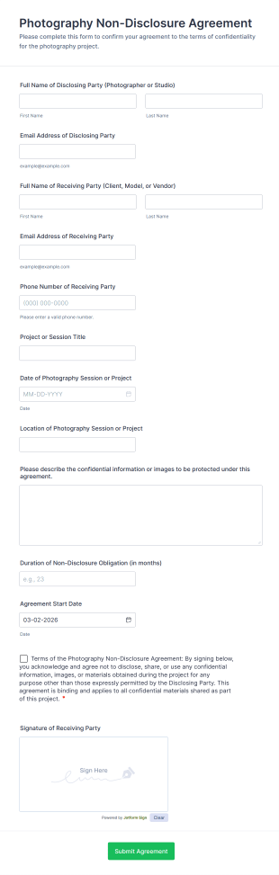 Photography Non Disclosure Agreement Form Template