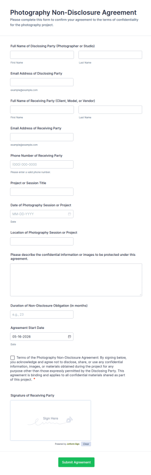 Photography Non Disclosure Agreement Form Template