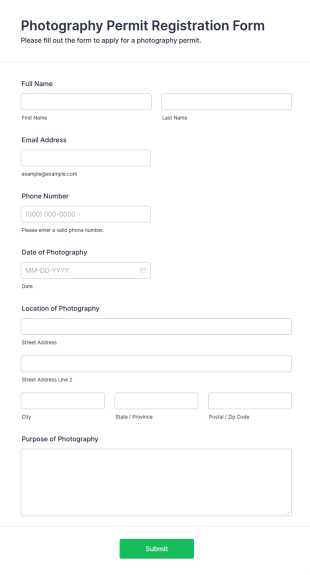 Photography Permit Registration Form Template