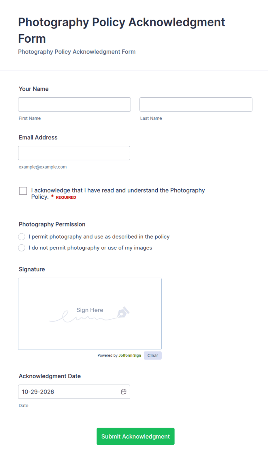 Html Photography Form Example Photography Policy Acknowledgment Form Template | Jotform