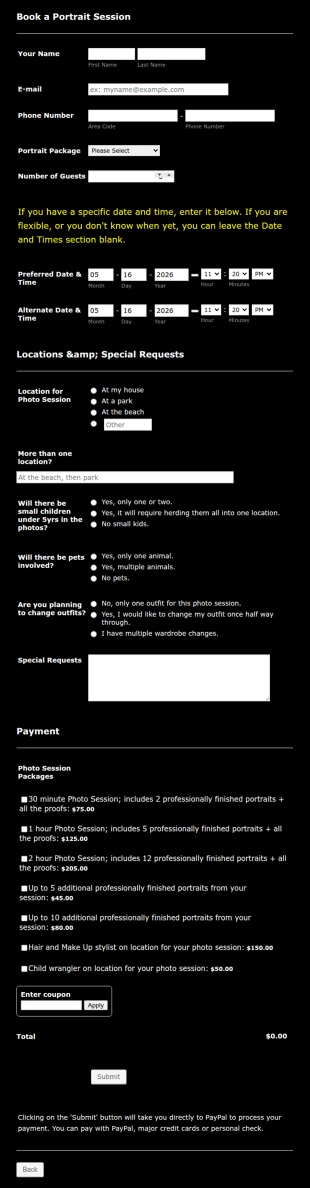 Photography Portrait Session Booking Form Template