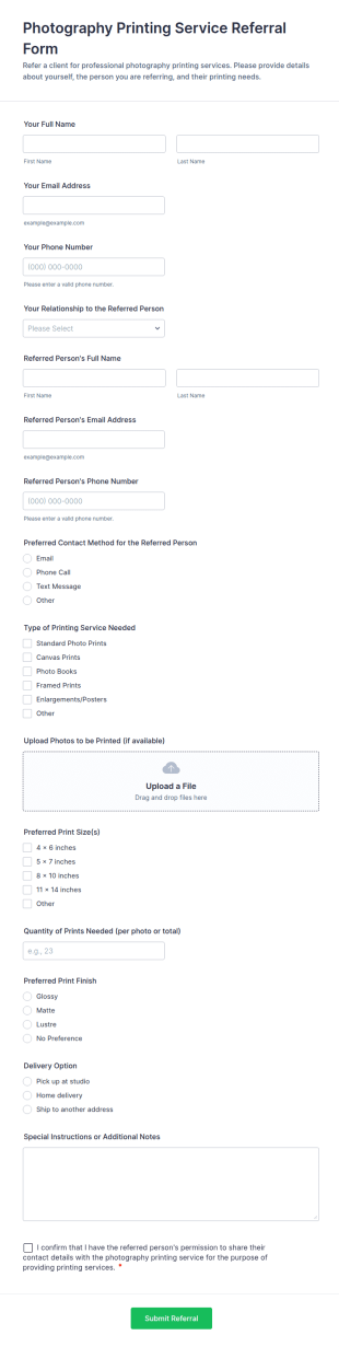 Photography Printing Service Referral Form Template