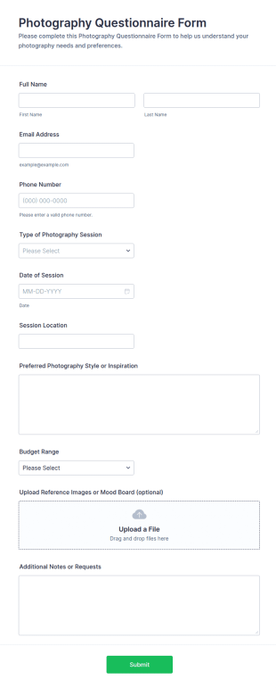 Photography Questionnaire Form Template