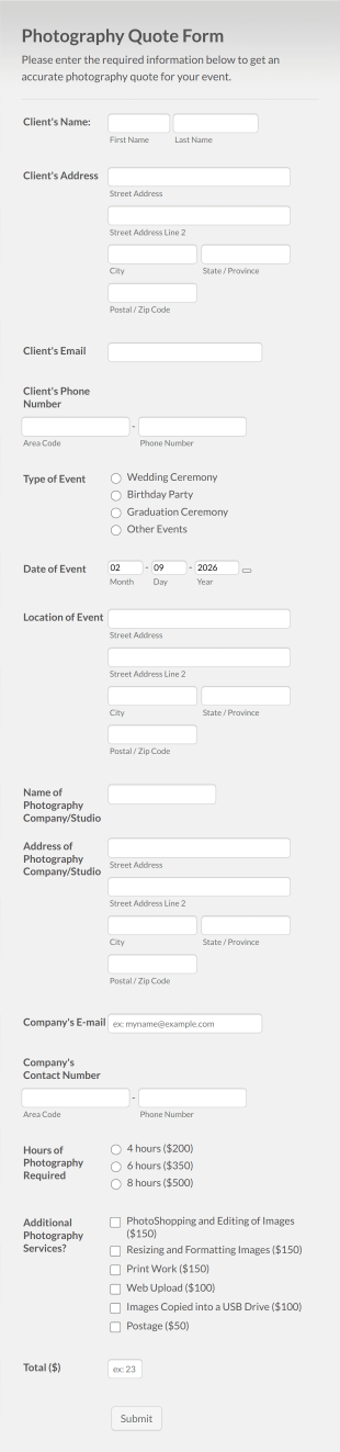 Photography Quote Form Template