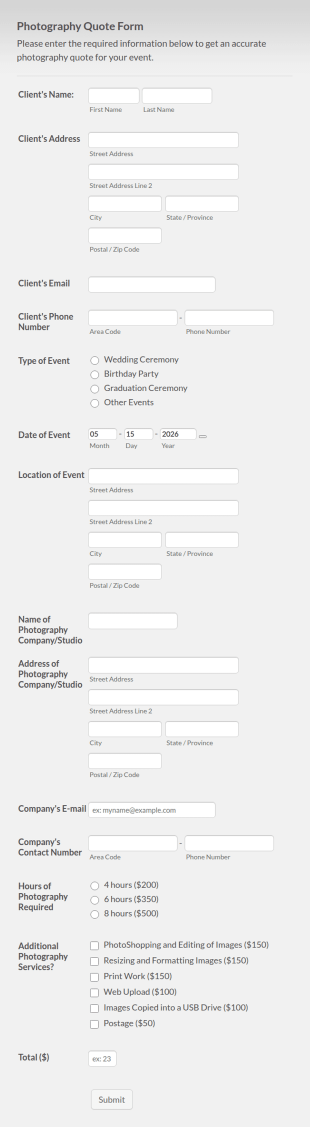 Photography Quote Form Template